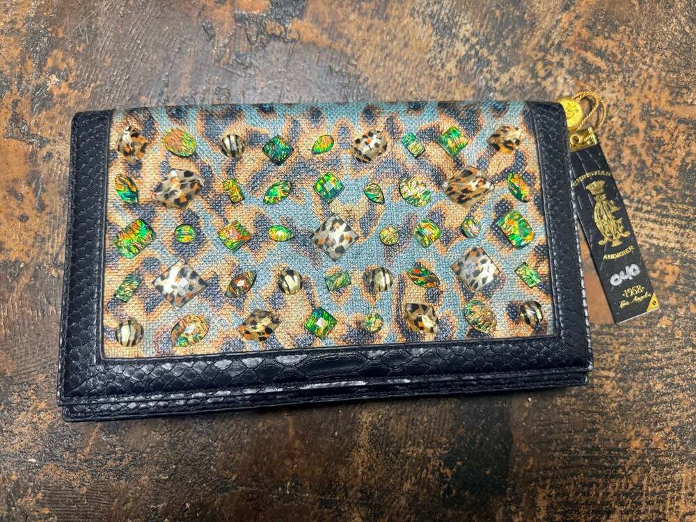 NWT Christian Audigier Leopard Print Jeweled Clutch with Faux Snake Skin Interio